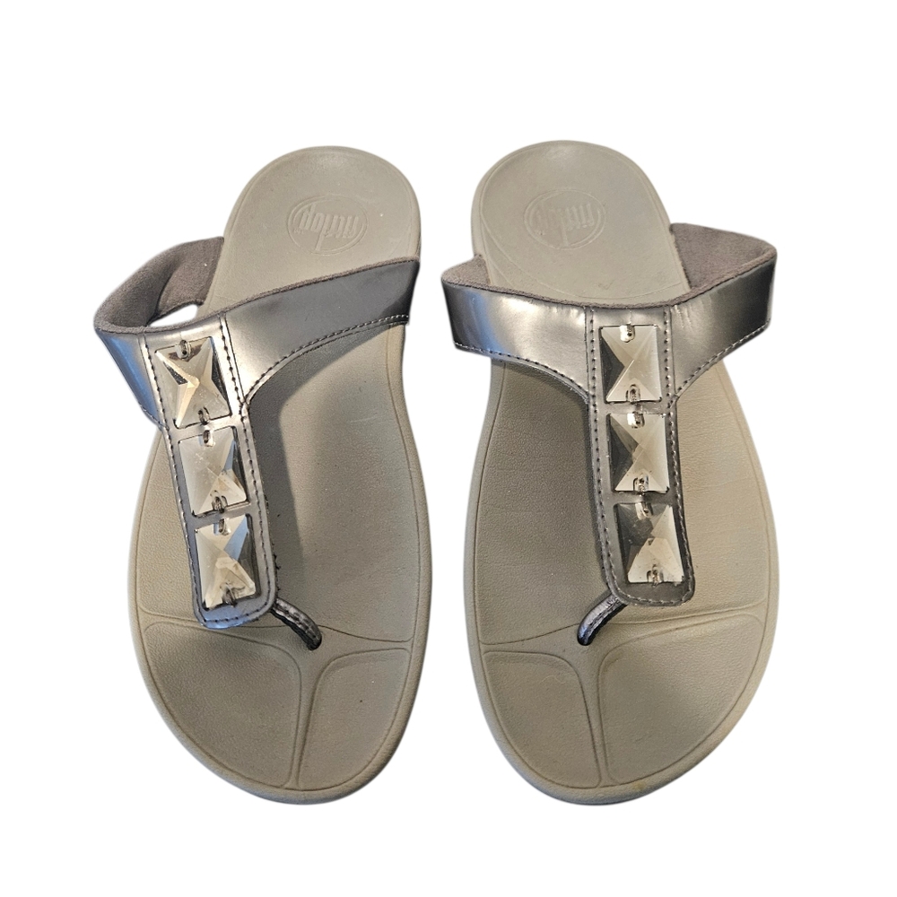 FitFlop Platform Wobble Board Sandals Pewter Silver Jeweled Comfort Wedge Size 7
